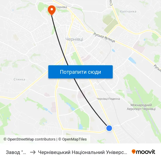 Завод "Кварц" to Чернівецький Національний Університет Ім.Ю.Федьковича map