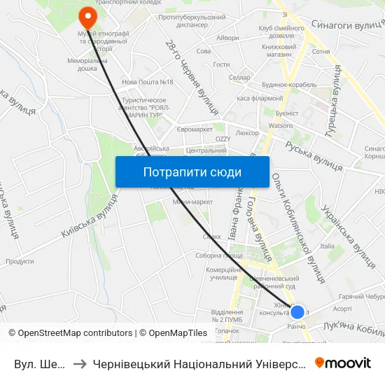 Вул. Шевченка to Чернівецький Національний Університет Ім.Ю.Федьковича map