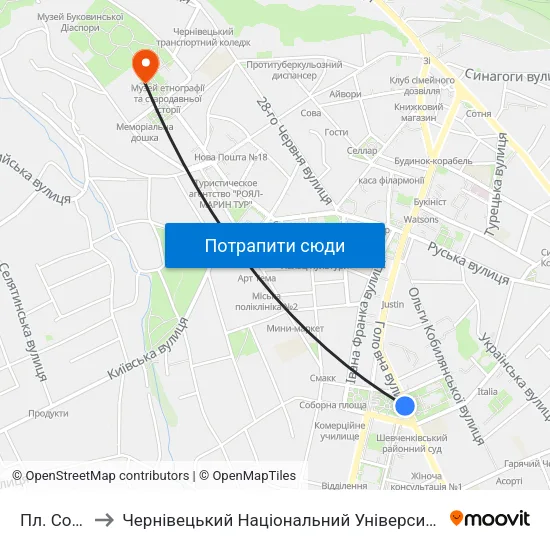 Пл. Соборна to Чернівецький Національний Університет Ім.Ю.Федьковича map