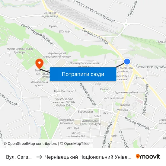 Вул. Сагайдачного to Чернівецький Національний Університет Ім.Ю.Федьковича map
