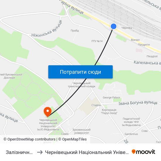 Залізничний Вокзал to Чернівецький Національний Університет Ім.Ю.Федьковича map