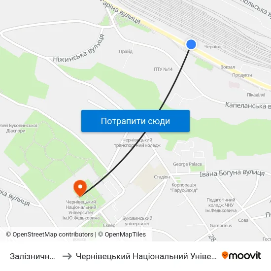 Залізничний Вокзал to Чернівецький Національний Університет Ім.Ю.Федьковича map