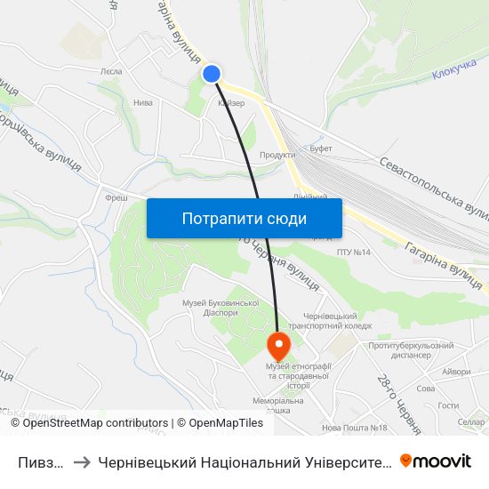 Пивзавод to Чернівецький Національний Університет Ім.Ю.Федьковича map