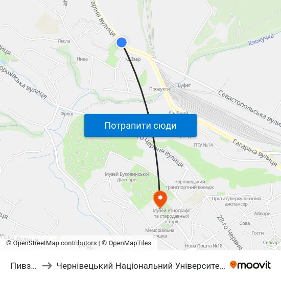 Пивзавод to Чернівецький Національний Університет Ім.Ю.Федьковича map