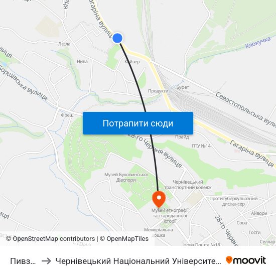 Пивзавод to Чернівецький Національний Університет Ім.Ю.Федьковича map