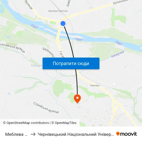 Меблева Фабрика to Чернівецький Національний Університет Ім.Ю.Федьковича map