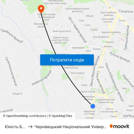 Юність Буковини to Чернівецький Національний Університет Ім.Ю.Федьковича map