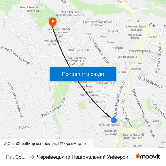 Пл. Соборна to Чернівецький Національний Університет Ім.Ю.Федьковича map
