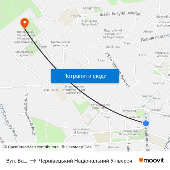 Вул. Ватутіна to Чернівецький Національний Університет Ім.Ю.Федьковича map