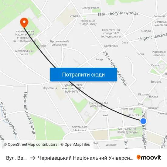 Вул. Ватутіна to Чернівецький Національний Університет Ім.Ю.Федьковича map
