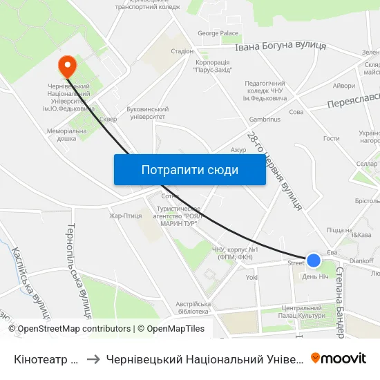Кінотеатр "Чернівці" to Чернівецький Національний Університет Ім.Ю.Федьковича map