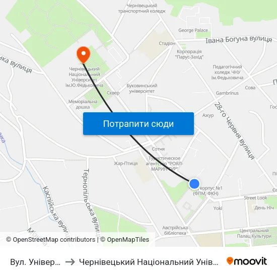 Вул. Університетська to Чернівецький Національний Університет Ім.Ю.Федьковича map