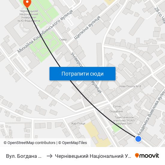 Вул. Богдана Хмельницького to Чернівецький Національний Університет Ім.Ю.Федьковича map