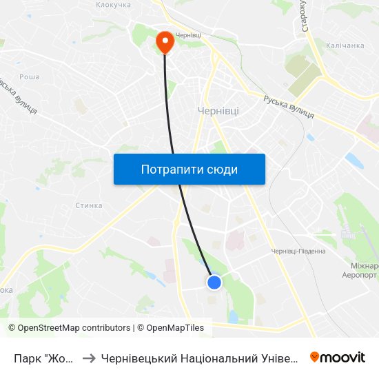 Парк "Жовтневий" to Чернівецький Національний Університет Ім.Ю.Федьковича map