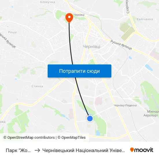 Парк "Жовтневий" to Чернівецький Національний Університет Ім.Ю.Федьковича map