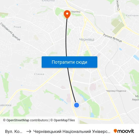 Вул. Комарова to Чернівецький Національний Університет Ім.Ю.Федьковича map