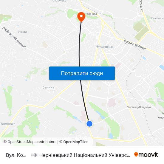 Вул. Комарова to Чернівецький Національний Університет Ім.Ю.Федьковича map