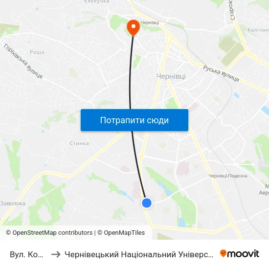 Вул. Комарова to Чернівецький Національний Університет Ім.Ю.Федьковича map