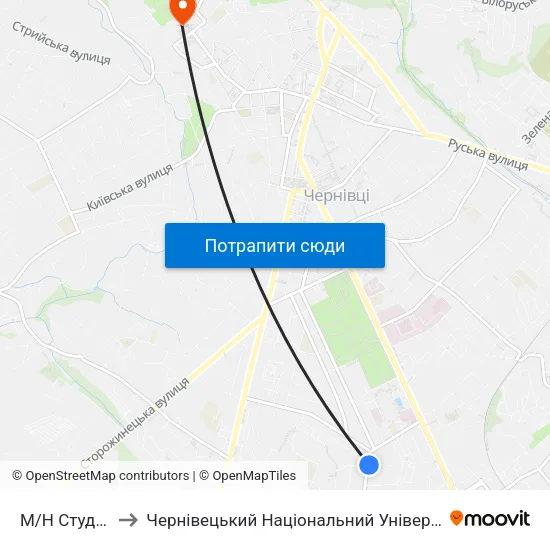 М/Н Студмістечко to Чернівецький Національний Університет Ім.Ю.Федьковича map