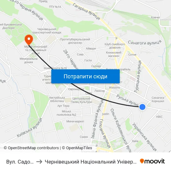 Вул. Садовського to Чернівецький Національний Університет Ім.Ю.Федьковича map