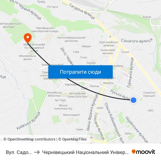 Вул. Садовського to Чернівецький Національний Університет Ім.Ю.Федьковича map