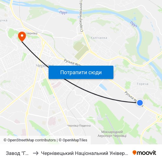Завод "Гравітон" to Чернівецький Національний Університет Ім.Ю.Федьковича map