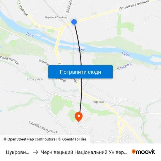 Цукровий Завод to Чернівецький Національний Університет Ім.Ю.Федьковича map