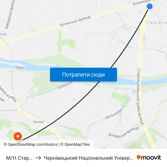 М/Н Стара Жучка to Чернівецький Національний Університет Ім.Ю.Федьковича map