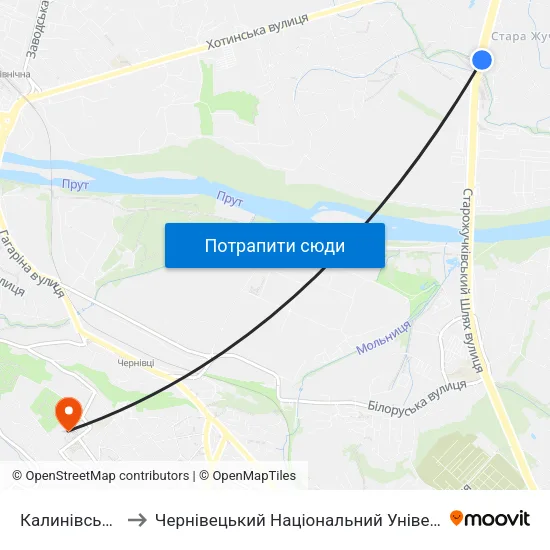 Калинівський Ринок to Чернівецький Національний Університет Ім.Ю.Федьковича map