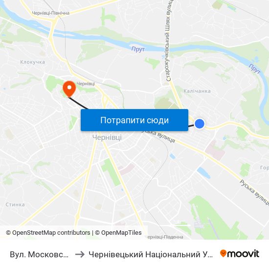 Вул. Московської Олімпіади to Чернівецький Національний Університет Ім.Ю.Федьковича map