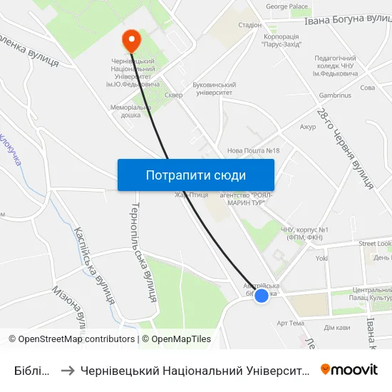 Бібліотека to Чернівецький Національний Університет Ім.Ю.Федьковича map