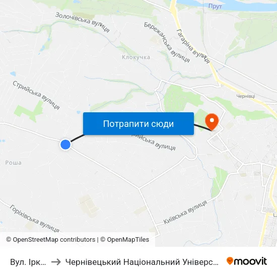 Вул. Іркутська to Чернівецький Національний Університет Ім.Ю.Федьковича map