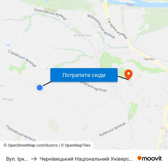 Вул. Іркутська to Чернівецький Національний Університет Ім.Ю.Федьковича map