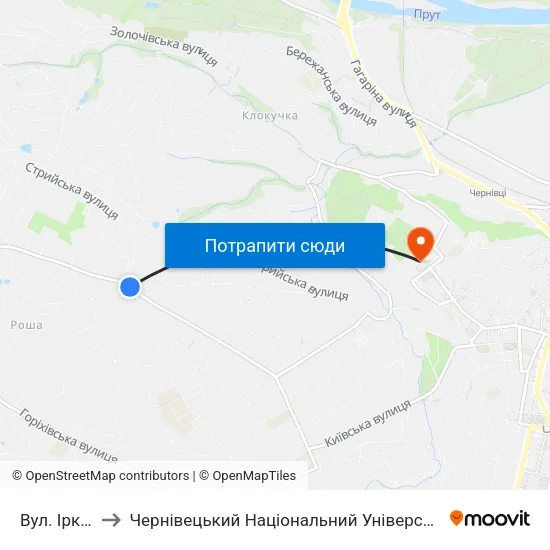 Вул. Іркутська to Чернівецький Національний Університет Ім.Ю.Федьковича map