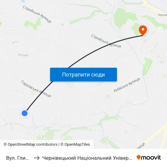 Вул. Глинницька to Чернівецький Національний Університет Ім.Ю.Федьковича map