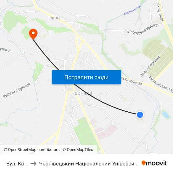 Вул. Кочубея to Чернівецький Національний Університет Ім.Ю.Федьковича map