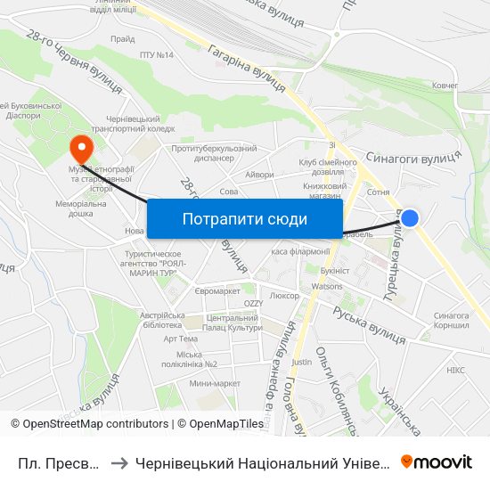 Пл. Пресвятої Марії to Чернівецький Національний Університет Ім.Ю.Федьковича map