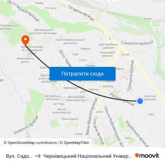 Вул. Садовського to Чернівецький Національний Університет Ім.Ю.Федьковича map