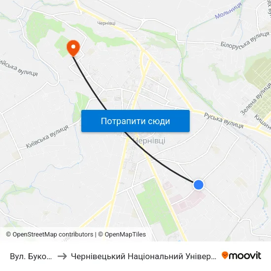 Вул. Буковинська to Чернівецький Національний Університет Ім.Ю.Федьковича map