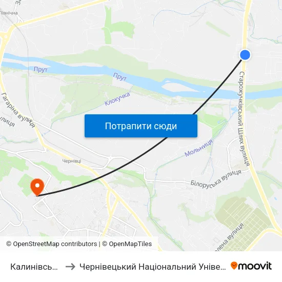 Калинівський Ринок to Чернівецький Національний Університет Ім.Ю.Федьковича map