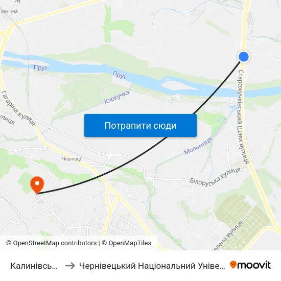 Калинівський Ринок to Чернівецький Національний Університет Ім.Ю.Федьковича map