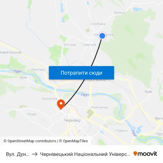 Вул. Дунайська to Чернівецький Національний Університет Ім.Ю.Федьковича map