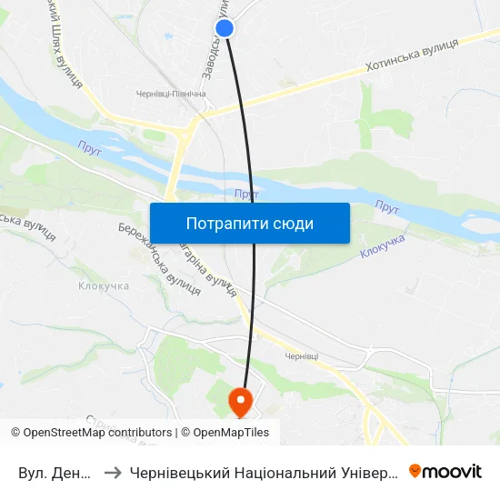 Вул. Денисівська to Чернівецький Національний Університет Ім.Ю.Федьковича map