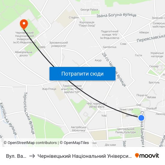 Вул. Ватутіна to Чернівецький Національний Університет Ім.Ю.Федьковича map