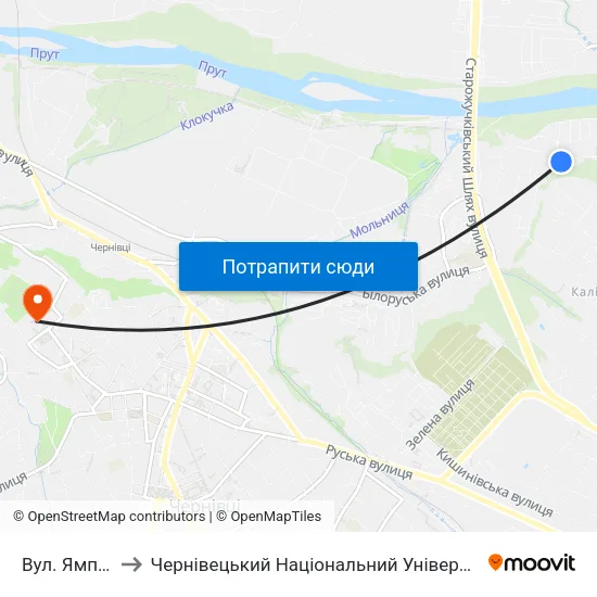 Вул. Ямпільська to Чернівецький Національний Університет Ім.Ю.Федьковича map