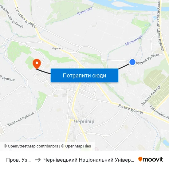 Пров. Узбецький to Чернівецький Національний Університет Ім.Ю.Федьковича map