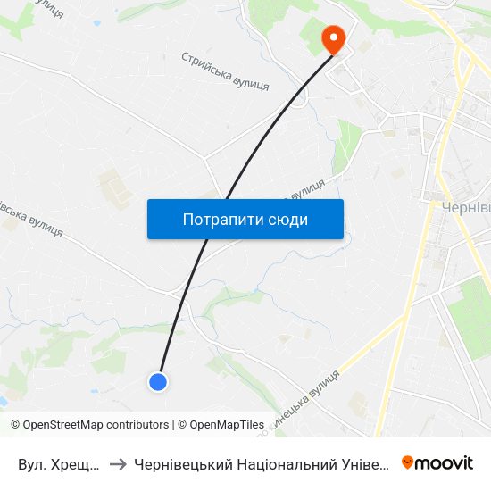 Вул. Хрещатинська to Чернівецький Національний Університет Ім.Ю.Федьковича map