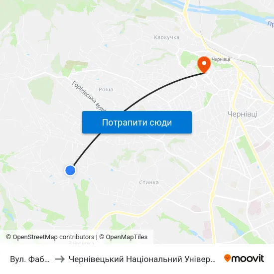 Вул. Фабриціуса to Чернівецький Національний Університет Ім.Ю.Федьковича map