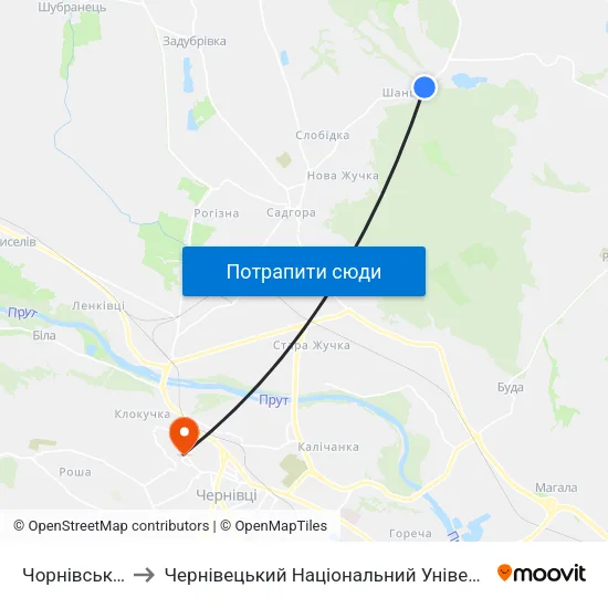 Чорнівський Млин to Чернівецький Національний Університет Ім.Ю.Федьковича map