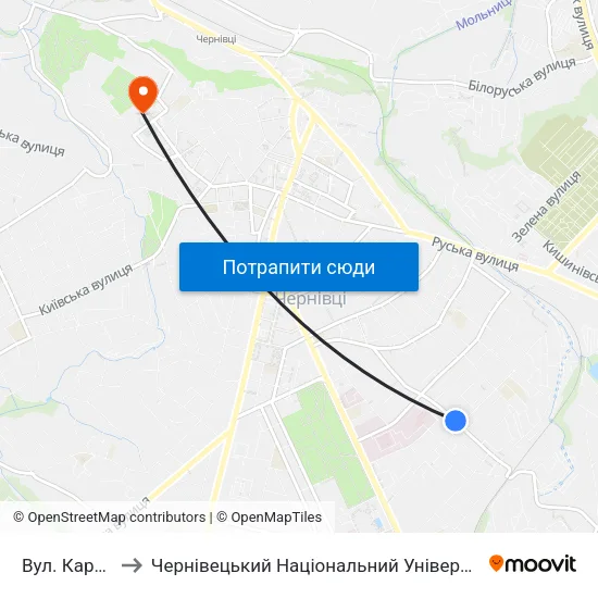 Вул. Кармелюка to Чернівецький Національний Університет Ім.Ю.Федьковича map